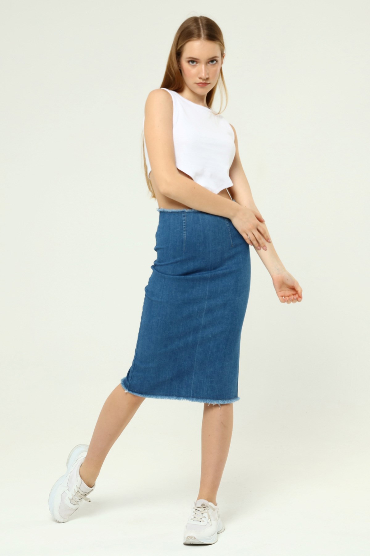 The Bark Ucu Püsküllü Denim Kalem Etek 1173 Mavi