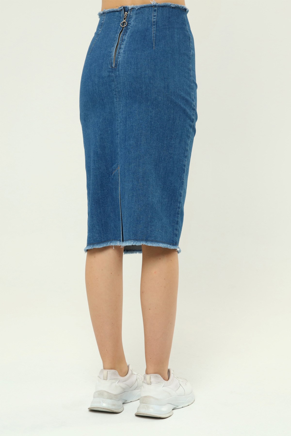The Bark Ucu Püsküllü Denim Kalem Etek 1173 Mavi