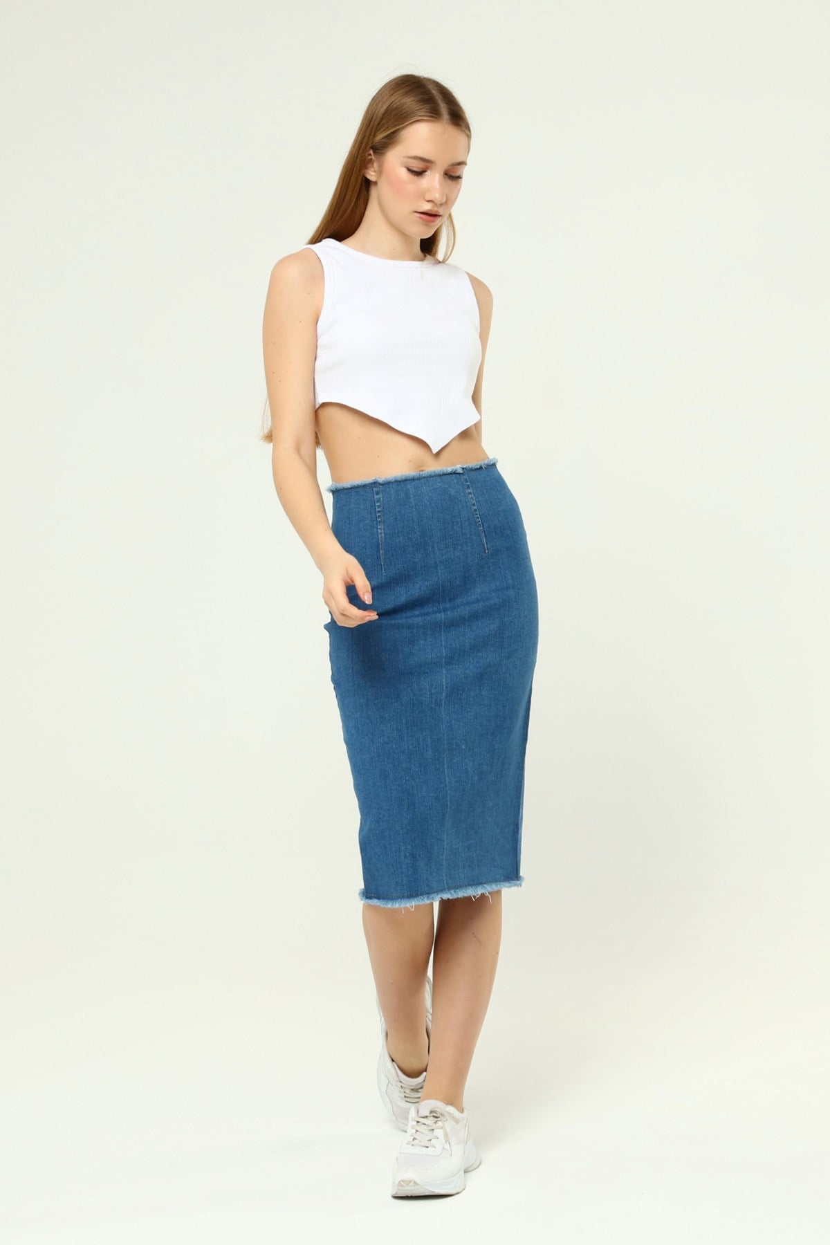 The Bark Ucu Püsküllü Denim Kalem Etek 1173 Mavi