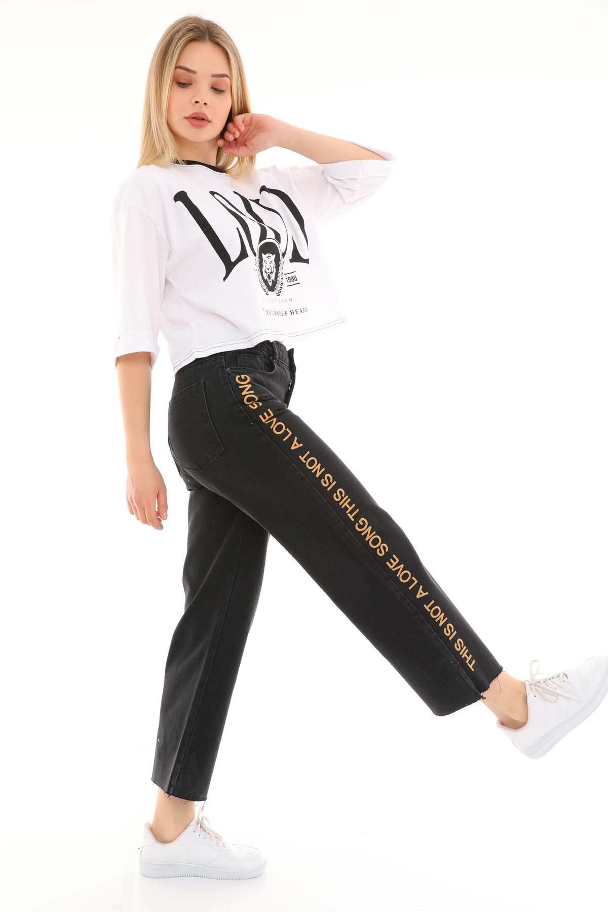 The Bark Yazı Detaylı Geniş Paça Kadın Jean Pantolon 4288-520 Siyah