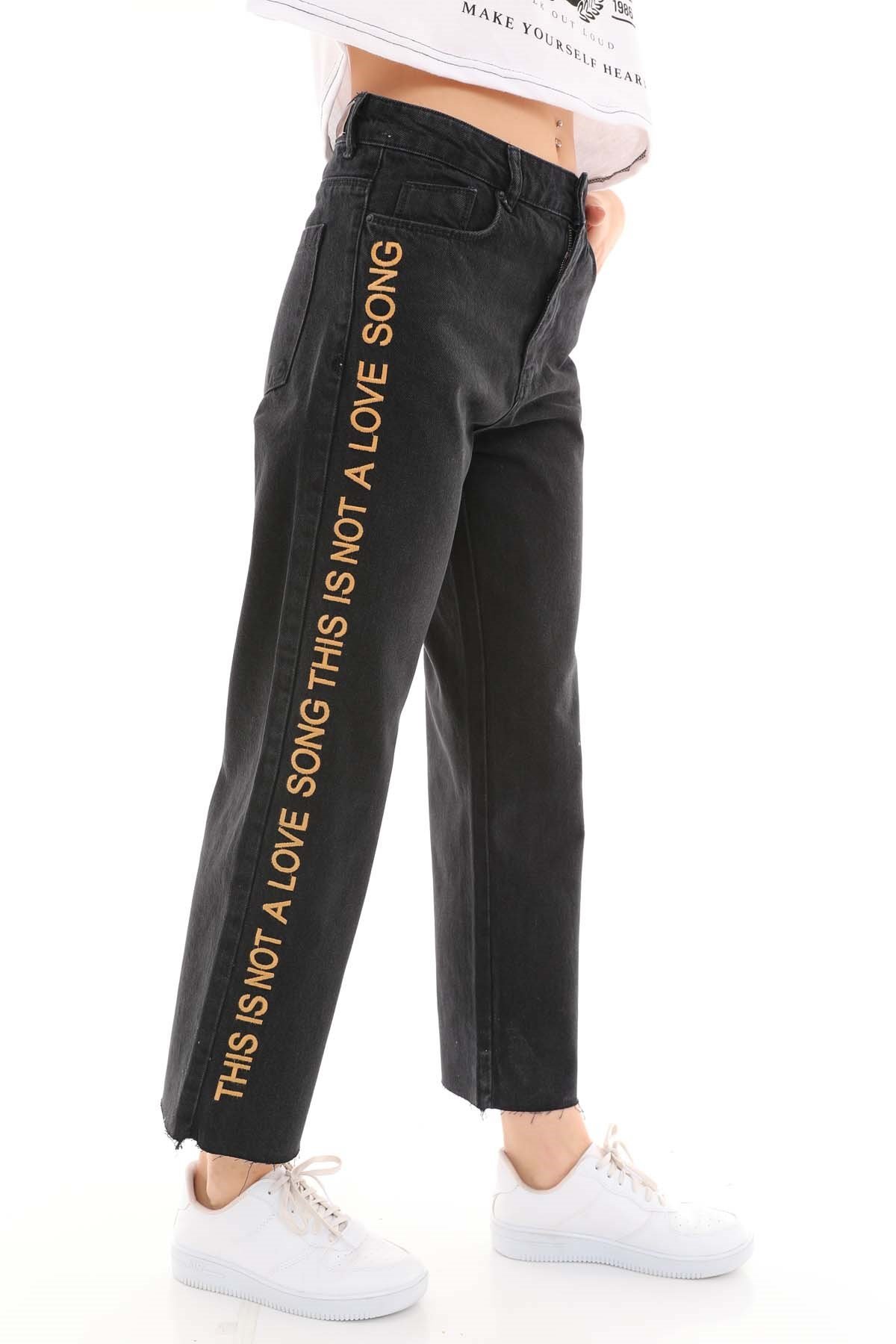 The Bark Yazı Detaylı Geniş Paça Kadın Jean Pantolon 4288-520 Siyah