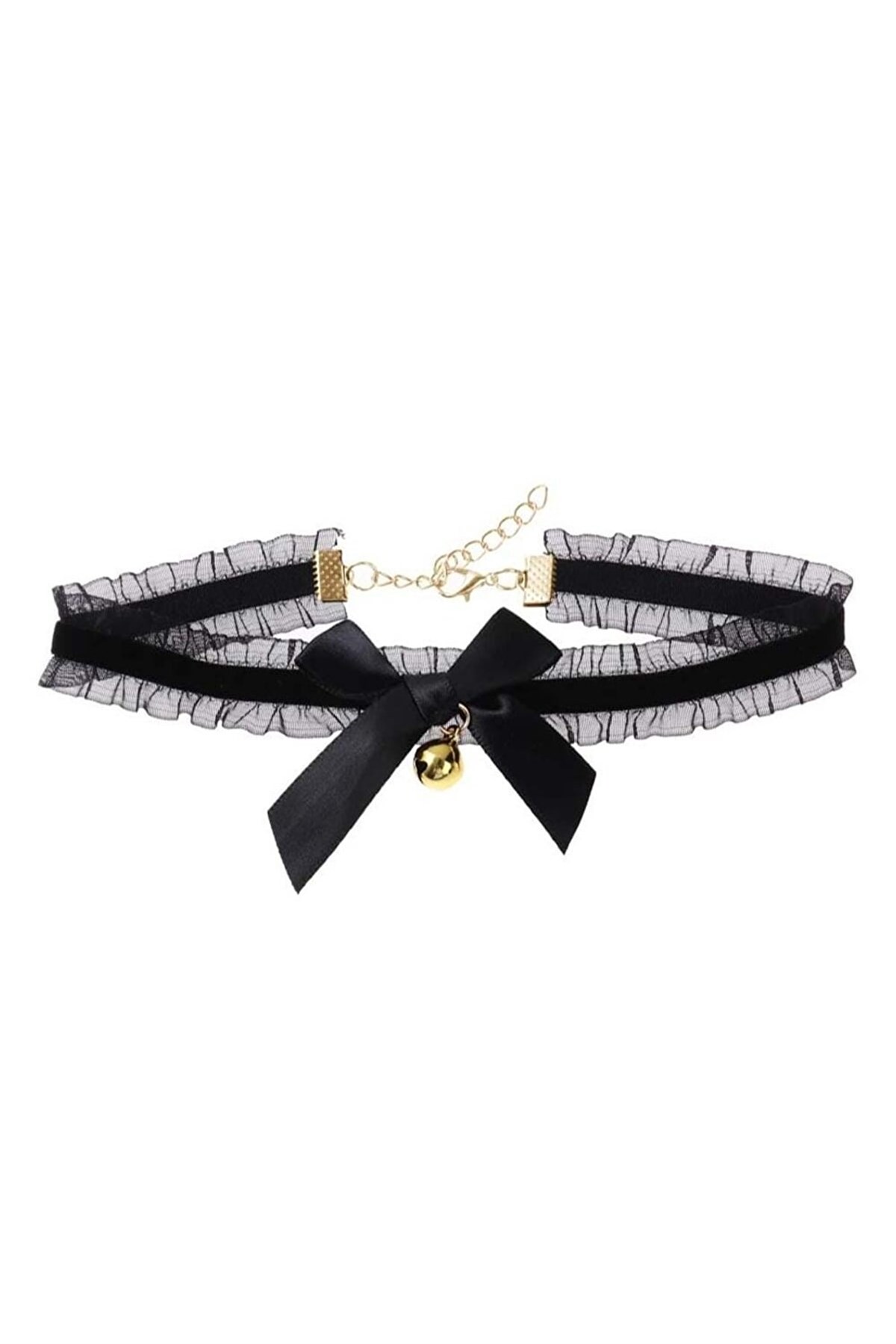  Gothic Siyah Şeritli Zilli Choker Tasma Kolye