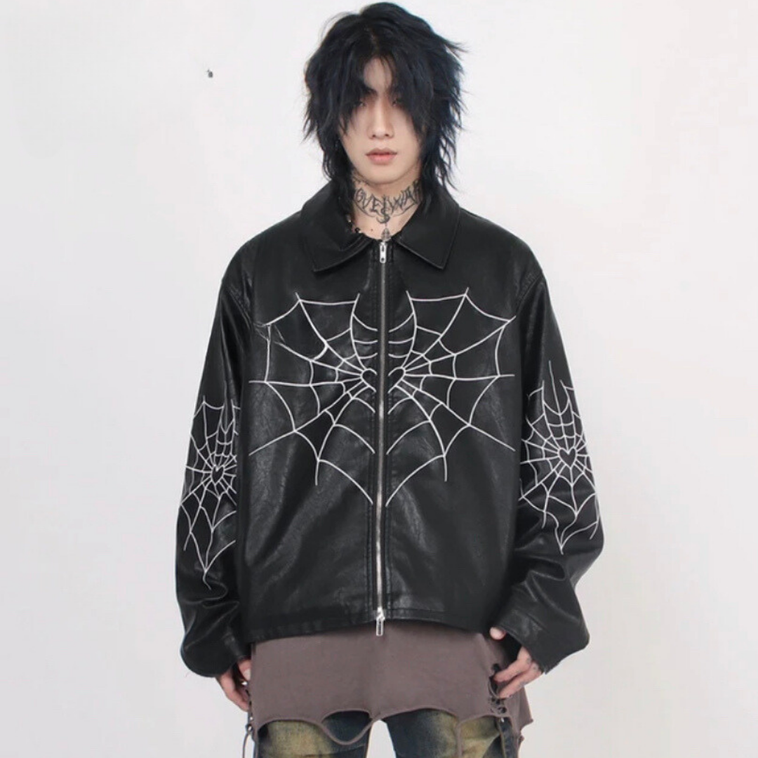  Heart Spider Web Baskılı Streetwear Siyah Oversize Unisex Astarlı Deri Ceket