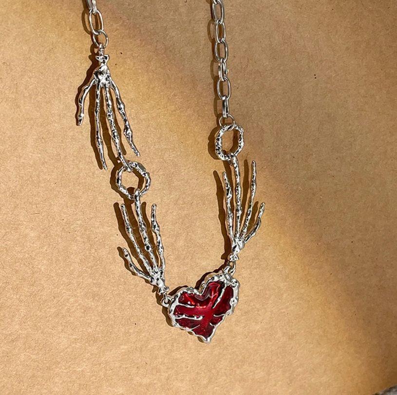  Punk Heart Skeleton Hand Kolye Gümüş Renk Kolye