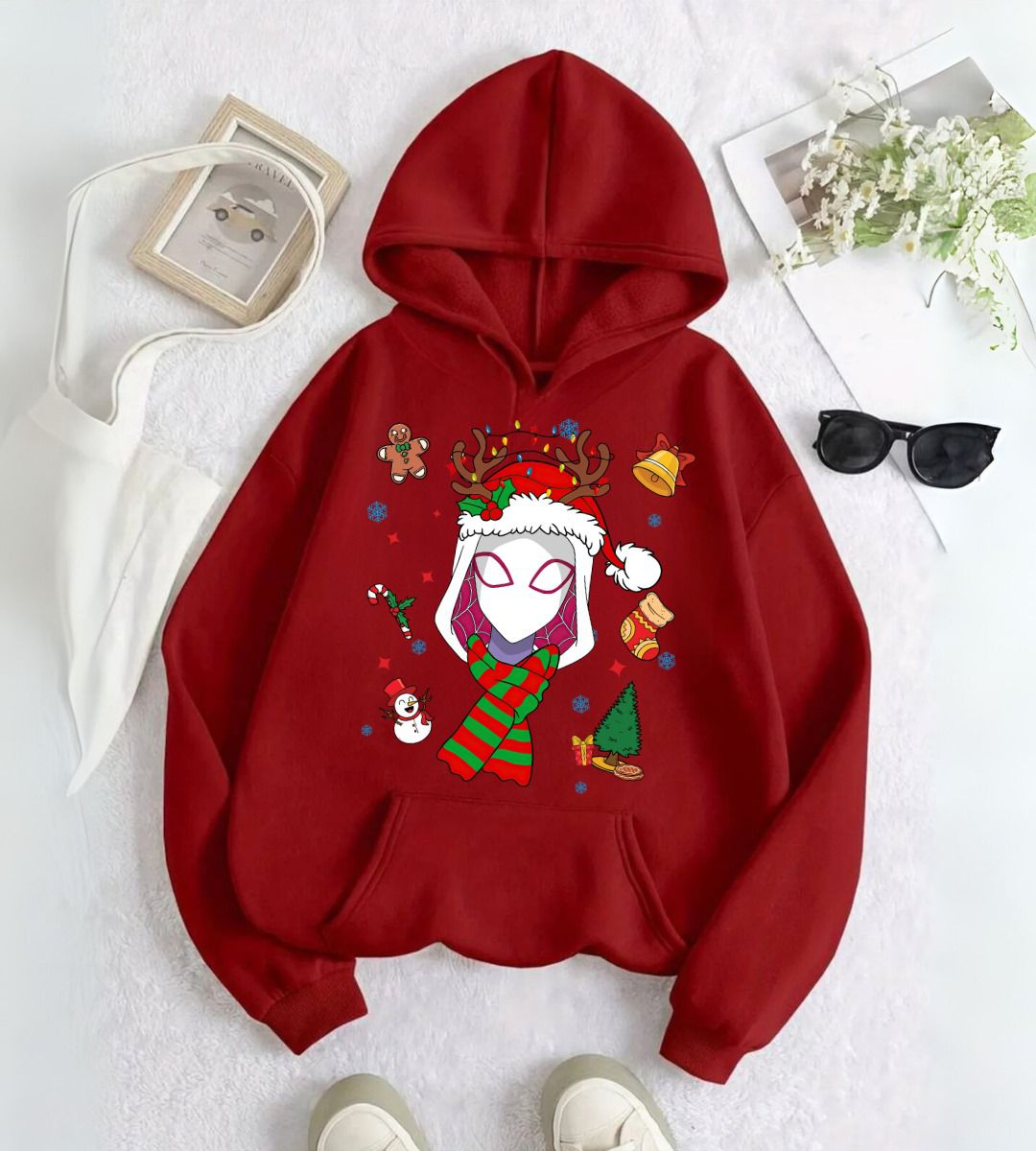  Spider Man & Girl Çift Merry Christmas Baskılı Kapşonlu Sweatshirt