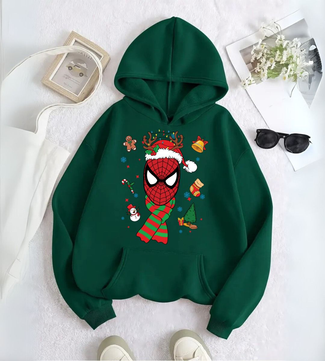  Spider Man & Girl Çift Merry Christmas Baskılı Kapşonlu Sweatshirt