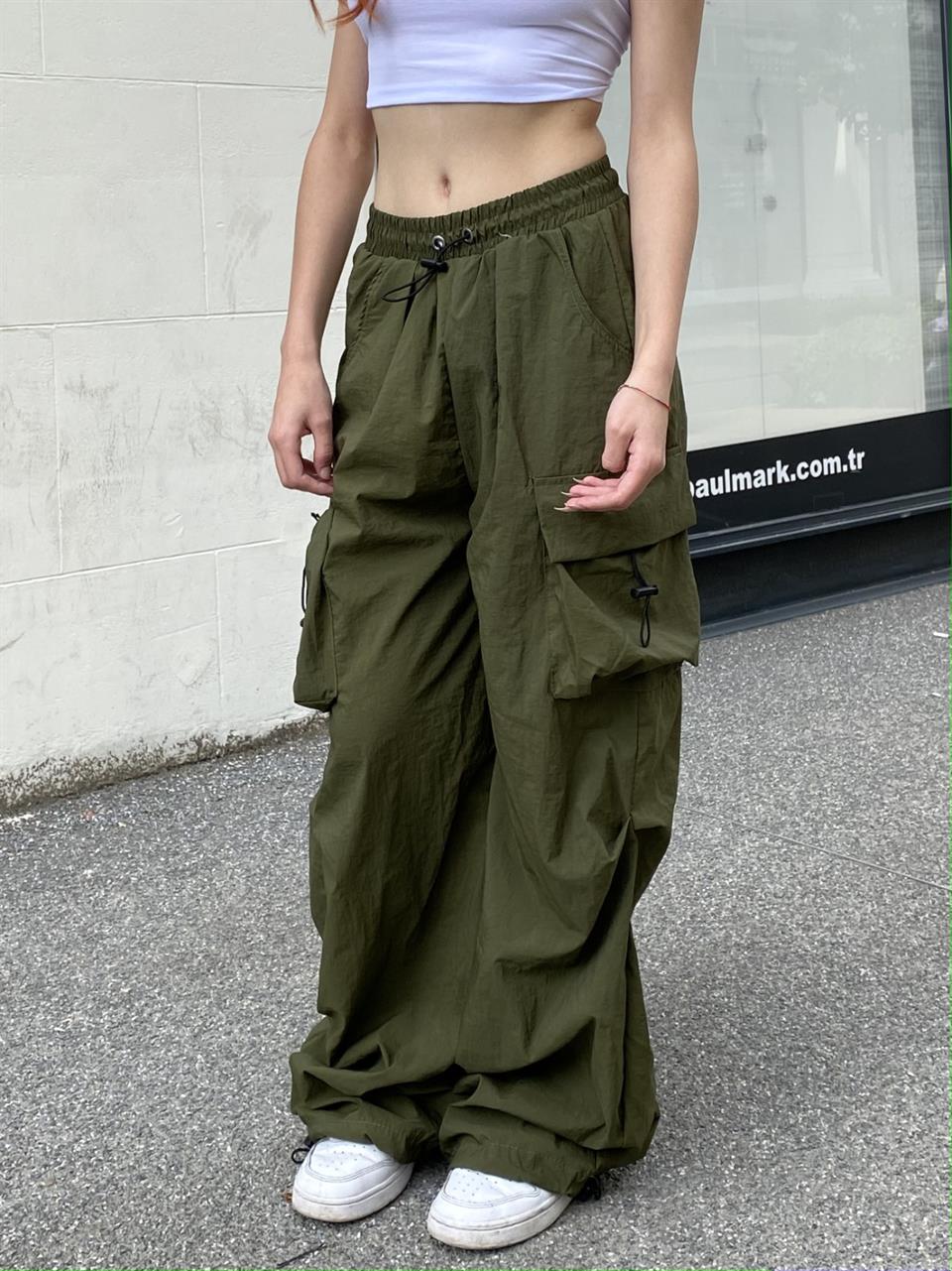  Yeşil Tactical Paraşüt Kumaş Kargo Cepli Oversize Unisex Pantolon