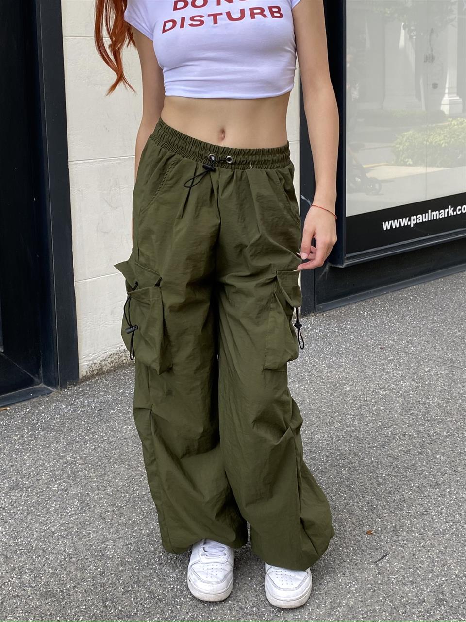  Yeşil Tactical Paraşüt Kumaş Kargo Cepli Oversize Unisex Pantolon