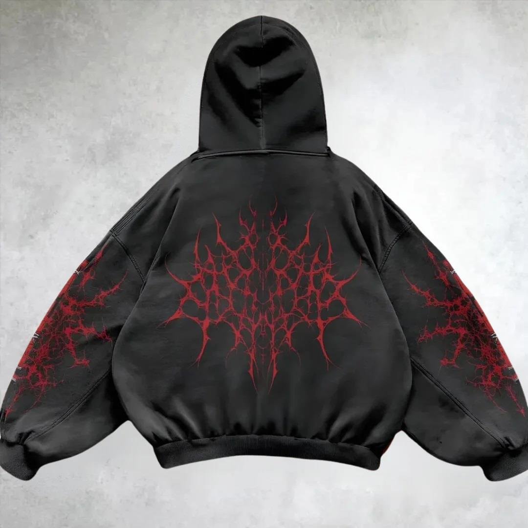  Yıkamalı Red Gothic Vintage Kapüşonlu Sweatshirt