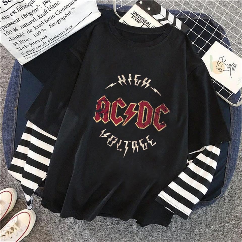 AC-DC Baskılı Fake Sleeves Unisex Siyah T-shirt