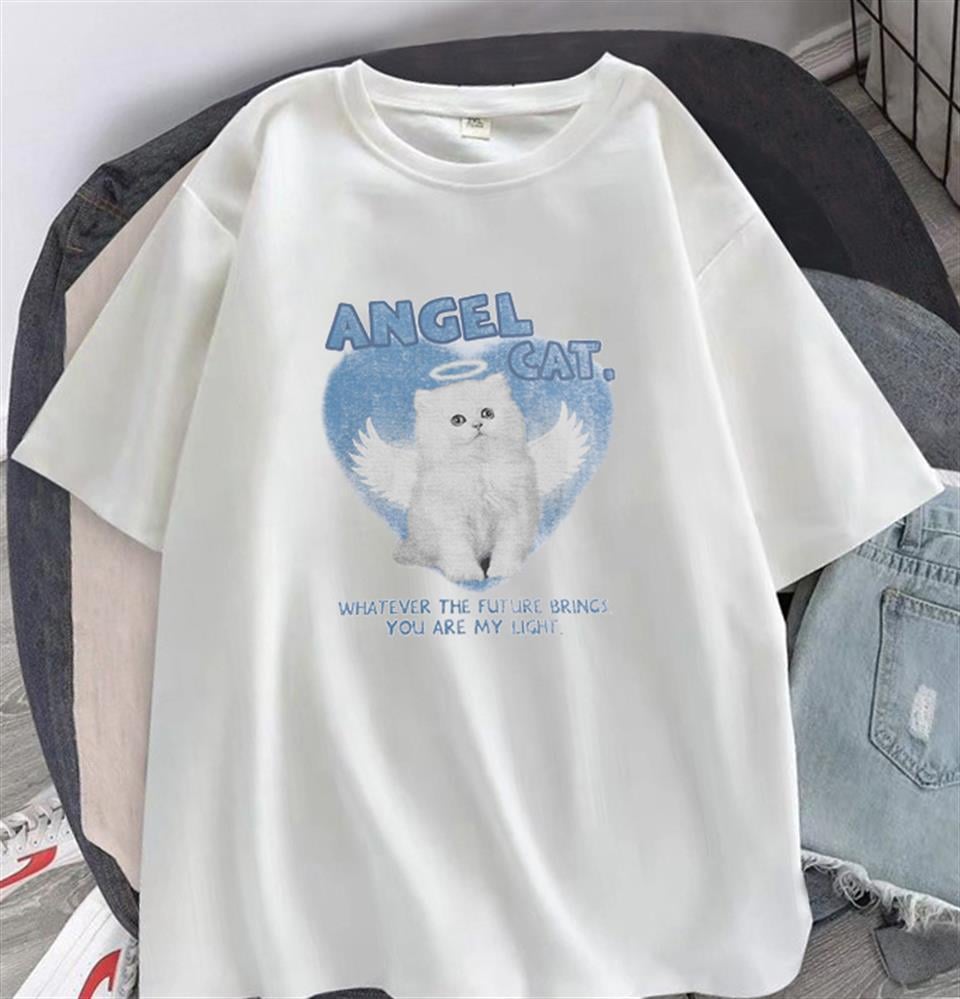 Angel Cat Baskılı Beyaz Unisex Oversize T-shirt