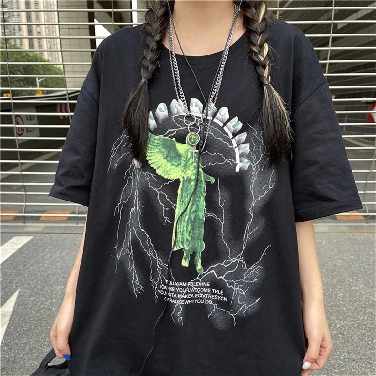 Angel Lightning Printed Streetwear Harajuku Autumn Oversize Unisex T-Shirt 
