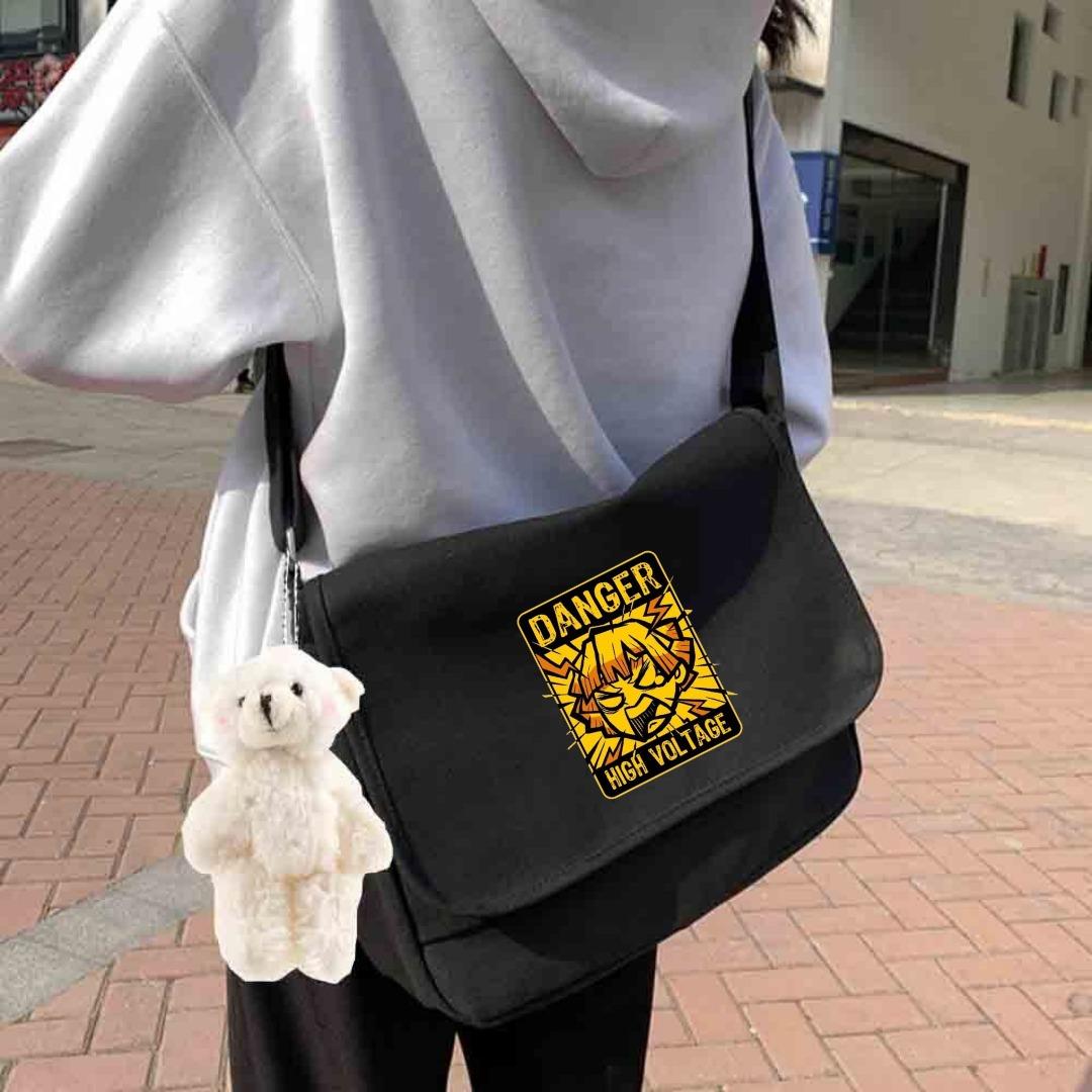 Anime Danger Baskılı Unisex Siyah Postacı Çantası