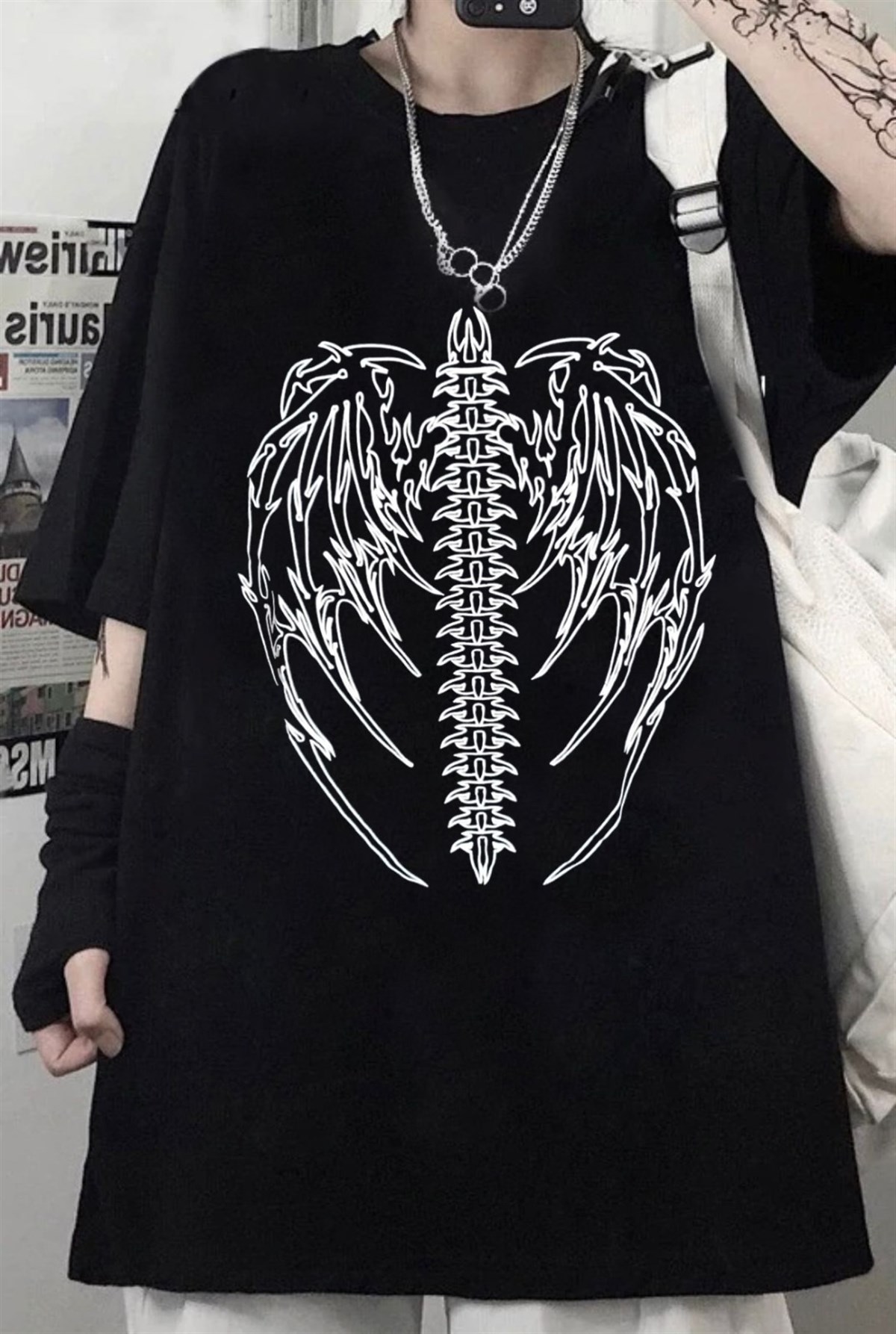 Anime JujutsuGotic Skeleton Oversize Siyah Unisex T-shirt Kaisen Eyes Unisex Siyah Oversize T-shirt