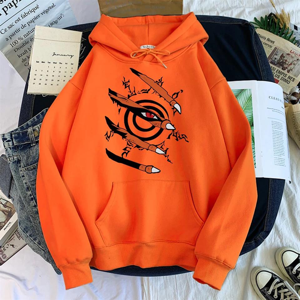 Anime Ninjutsu Eyes Baskılı Turuncu Unisex Kapüşonlu Oversize Sweatshirt Hoodie