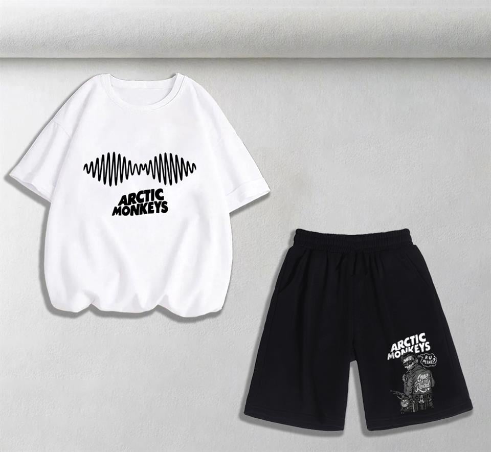 Arctic Monkeys Baskılı Unisex Oversize Beyaz T-shirt & Şort İkili Takım