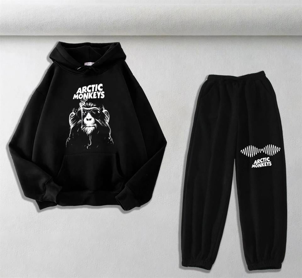 Arctik Monkeys Baskılı Siyah Oversize Kapüşonlu Sweatshirt & Eşofman Altı Unisex İkili Takım