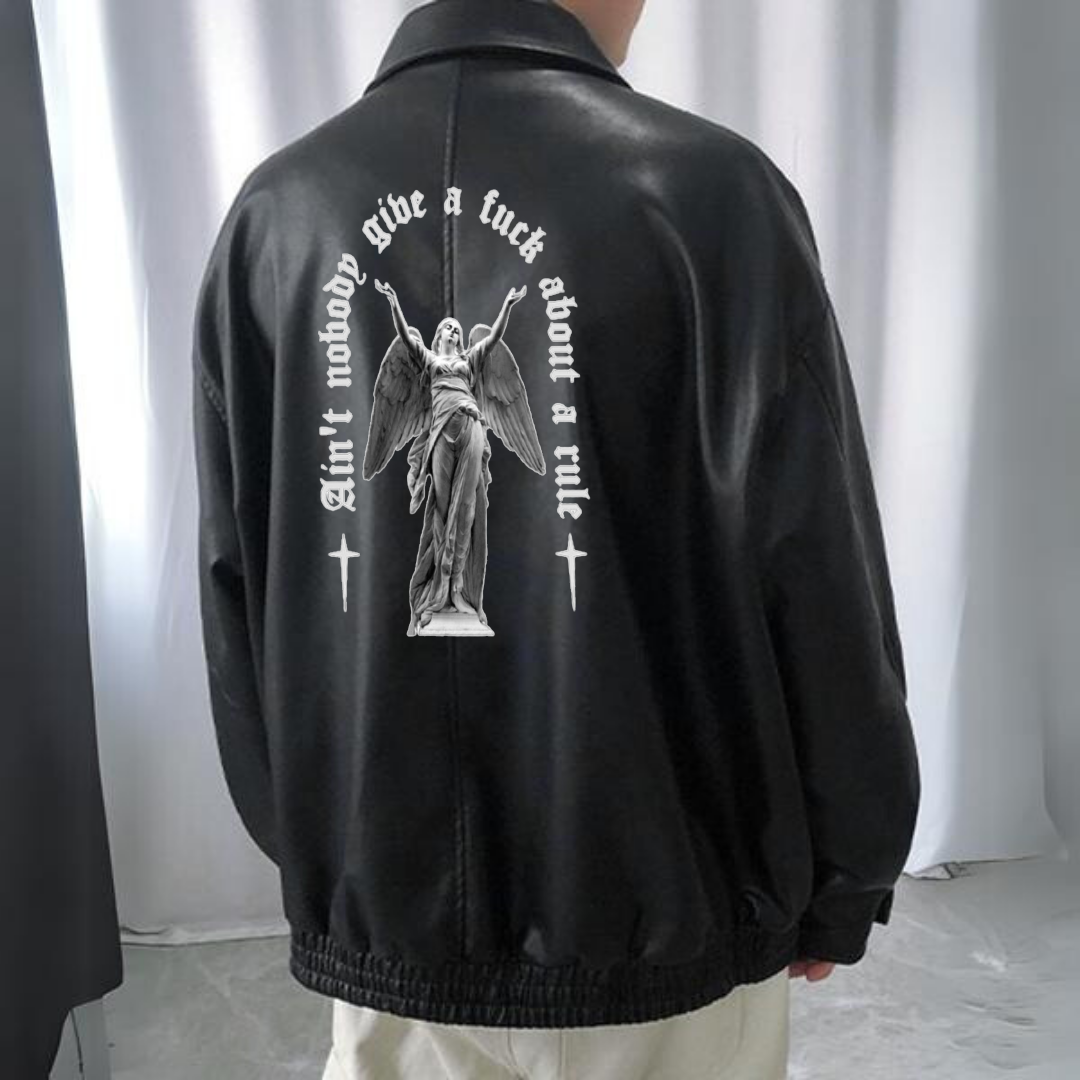 Art Pattern Baskılı Streetwear Siyah Oversize Unisex Astarlı Deri Ceket