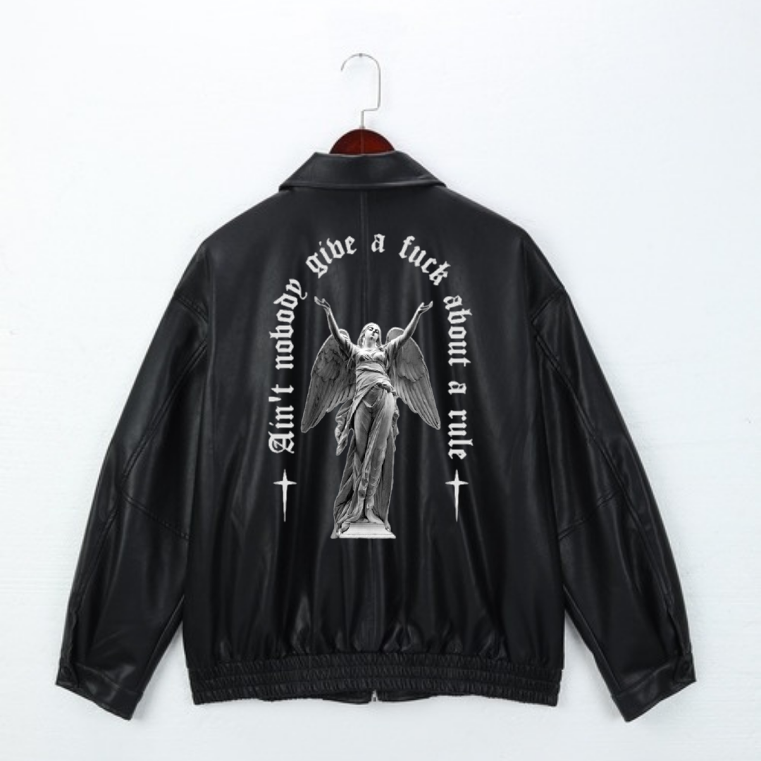 Art Pattern Baskılı Streetwear Siyah Oversize Unisex Astarlı Deri Ceket