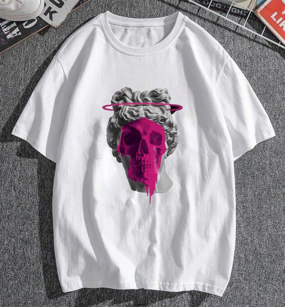 Art Skull Baskılı Beyaz Unisex Oversize T-shirt