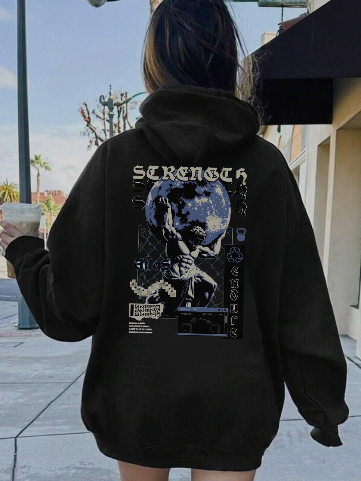 Atlas Baskılı Siyah Kapşonlu Sweatshirt 