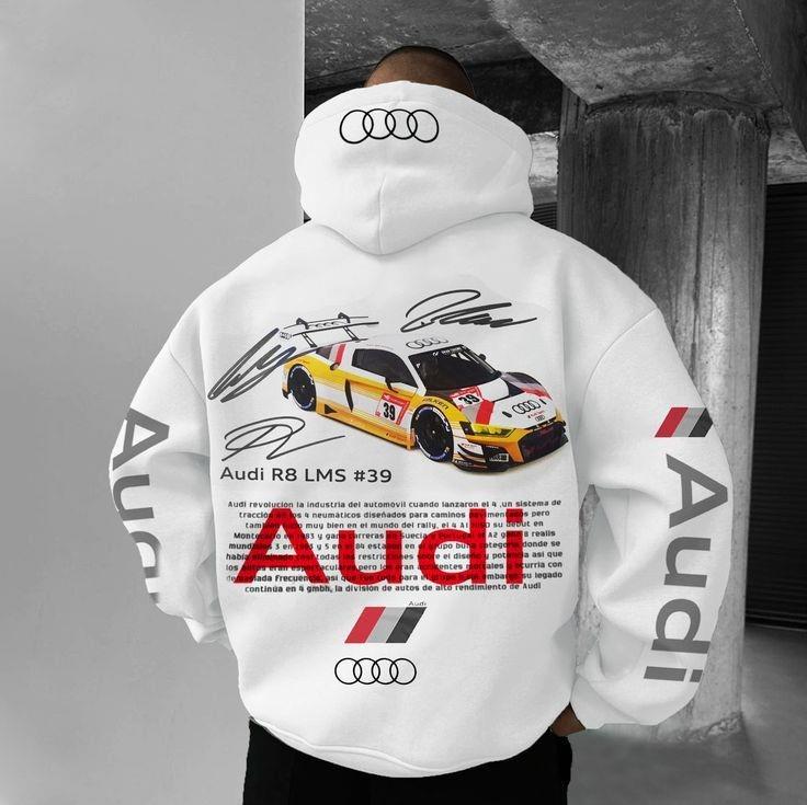 Audi Baskılı Beyaz Kapşonlu Sweatshirt 