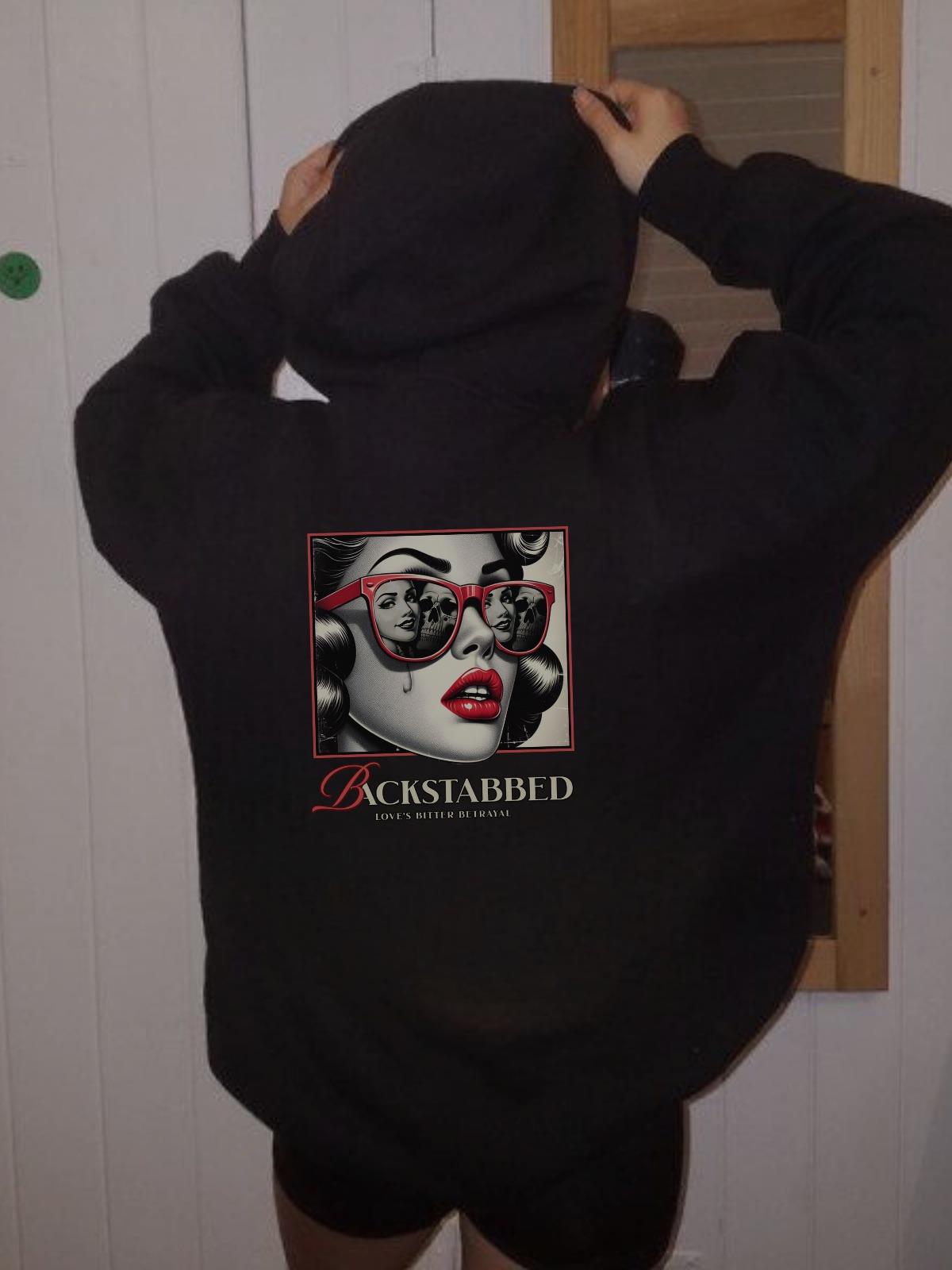 Bacstabbed Baskılı Siyah Kapşonlu Sweatshirt 
