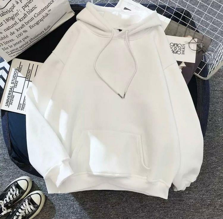Basic Düz Oversize Unisex Beyaz Kapşonlu Hoodie Sweatshirt
