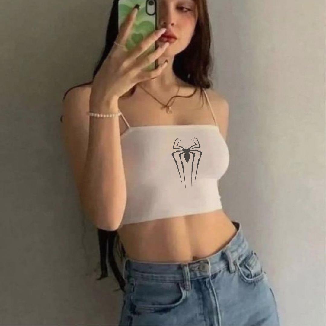 Beyaz Baskılı Kadın Ip Askılı Büstiyer Crop