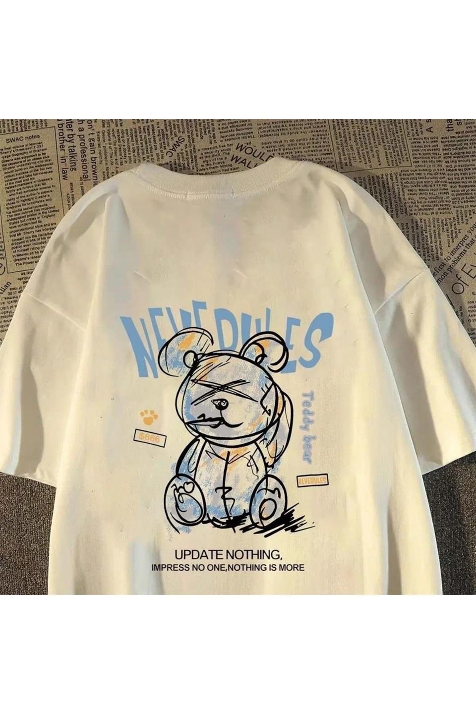 Beyaz Cartoon Bear Baskılı Oversize T-Shirt