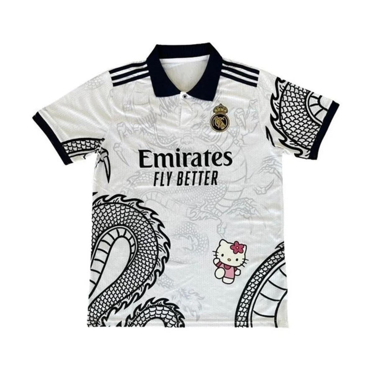 Beyaz Kitty Madrid Dragon Jersey Siyah Düğmeli Yaka Forma