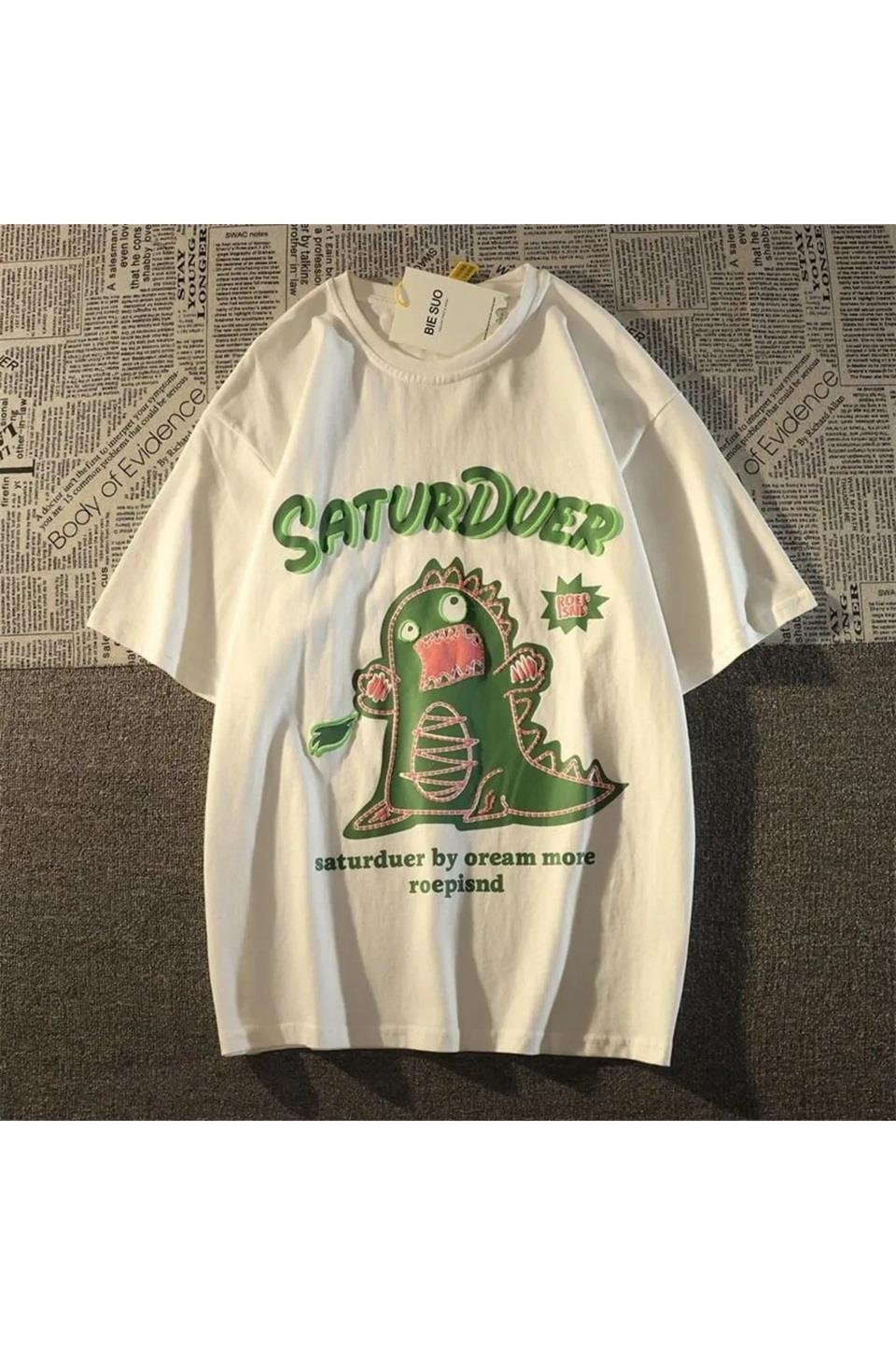 Beyaz SaturDuer Baskılı Oversize T-Shirt