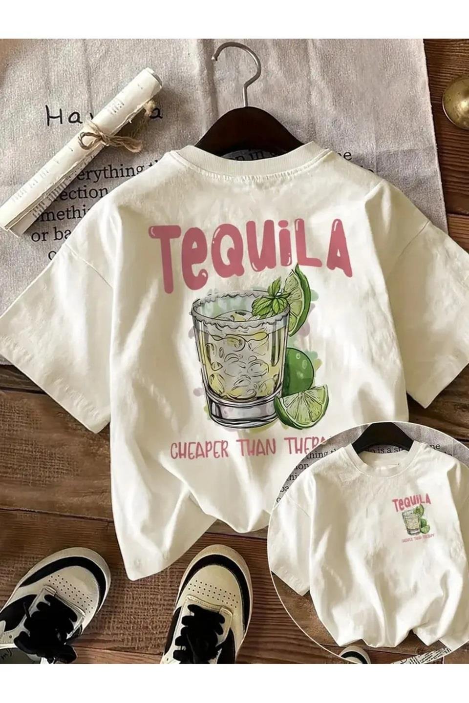 Beyaz Tequila Baskılı Oversize T-Shirt