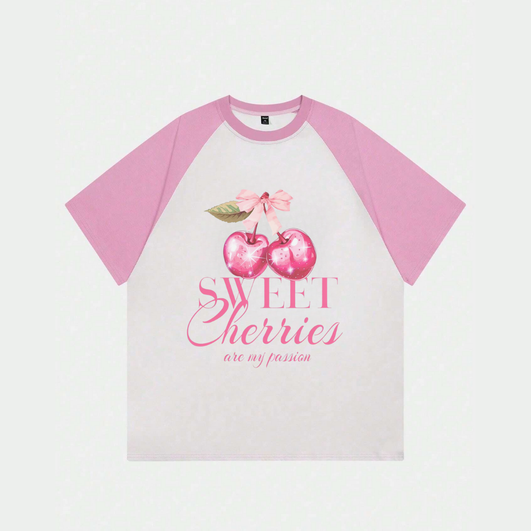 Beyaz Unisex Pembe Reglan Sweet Cherries T-Shirt