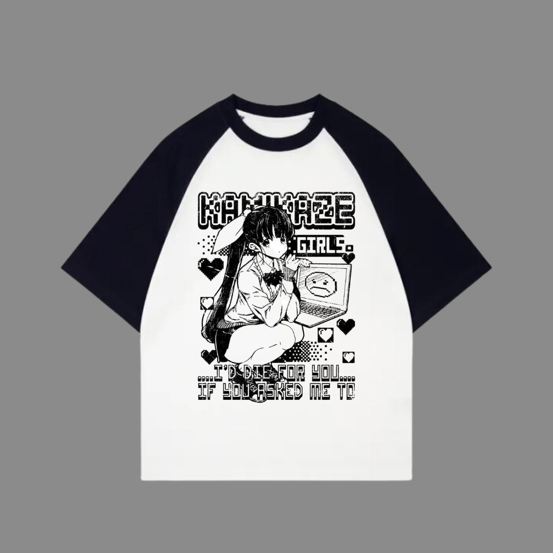 Beyaz Unisex Siyah Reglan Kamikaze T-Shirt