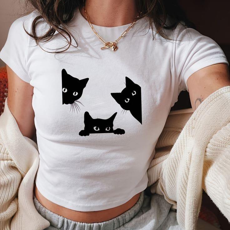 Black Cat Baskılı Crop Bluz