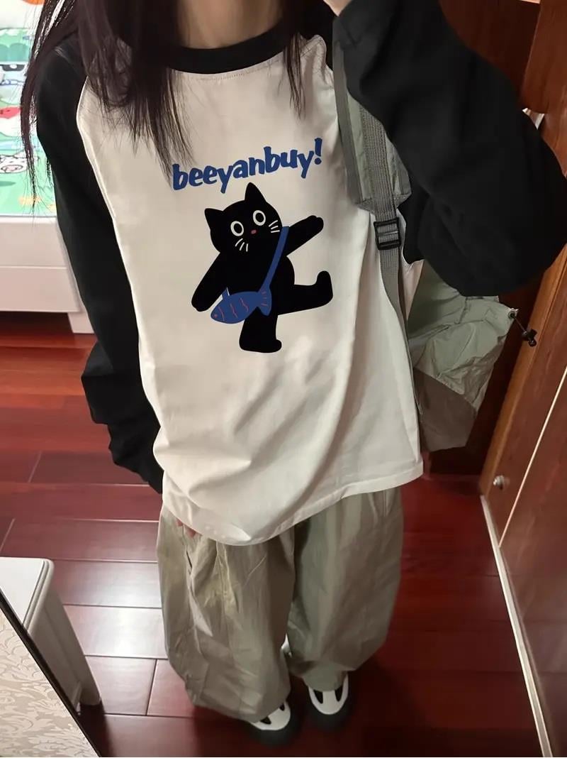 Black Cat Reglan Uzun Kollu Baskılı Beyaz T-Shirt