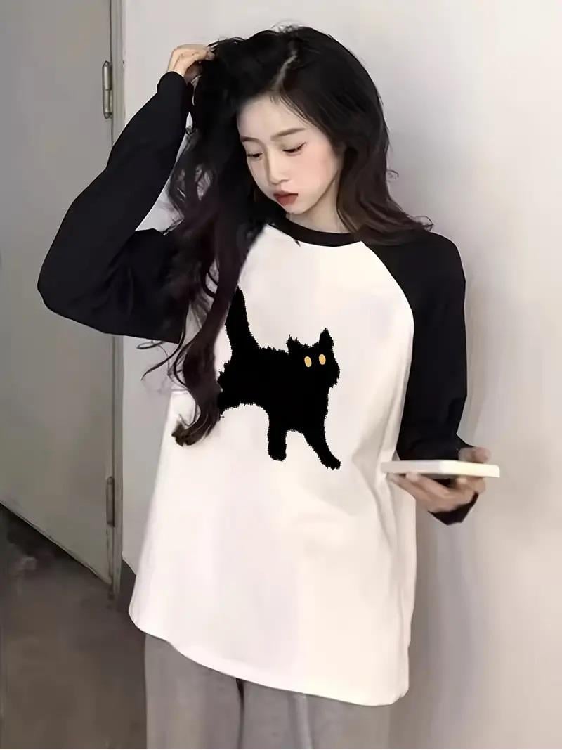 Black Cat Reglan Uzun Kollu Make Sense Baskılı Beyaz T-Shirt