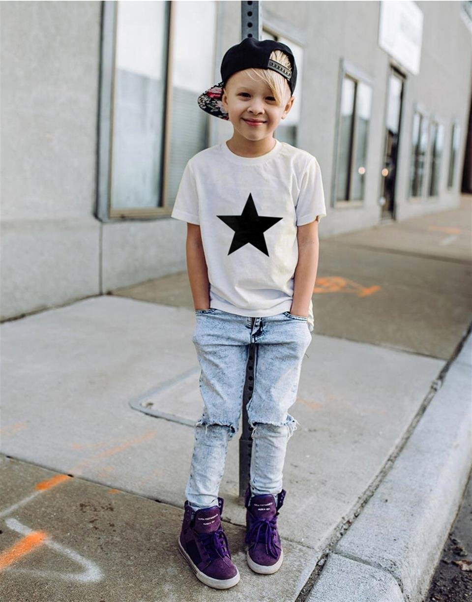 Black Star Baskılı Beyaz Çocuk T-shirt