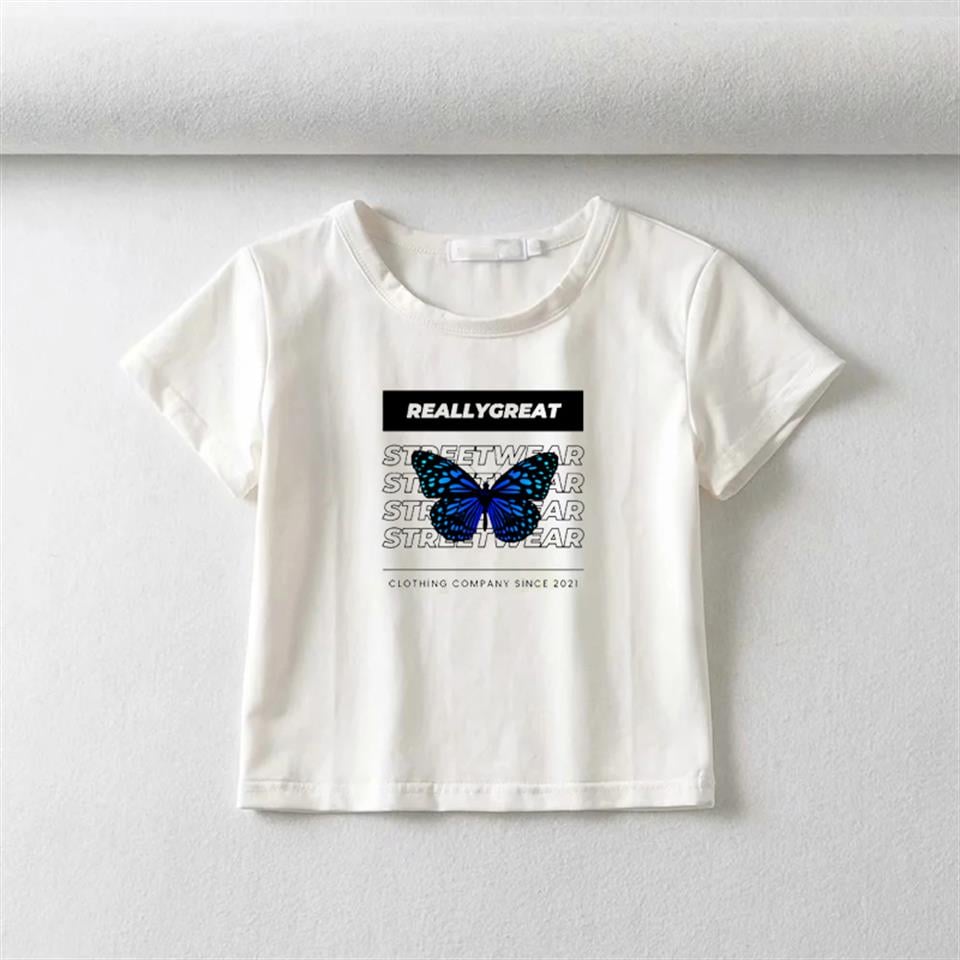 Blue Butterfly Baskılı Beyaz Crop