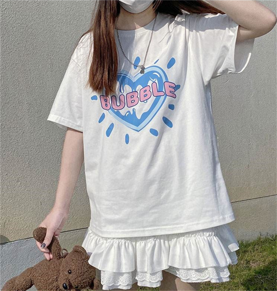 Bubble Heart Baskılı Beyaz Unisex Oversize T-shirt