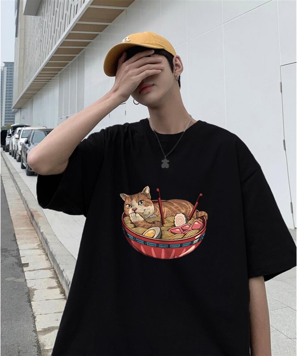 Cat On PlateSiyah Unisex Oversize T-shirt