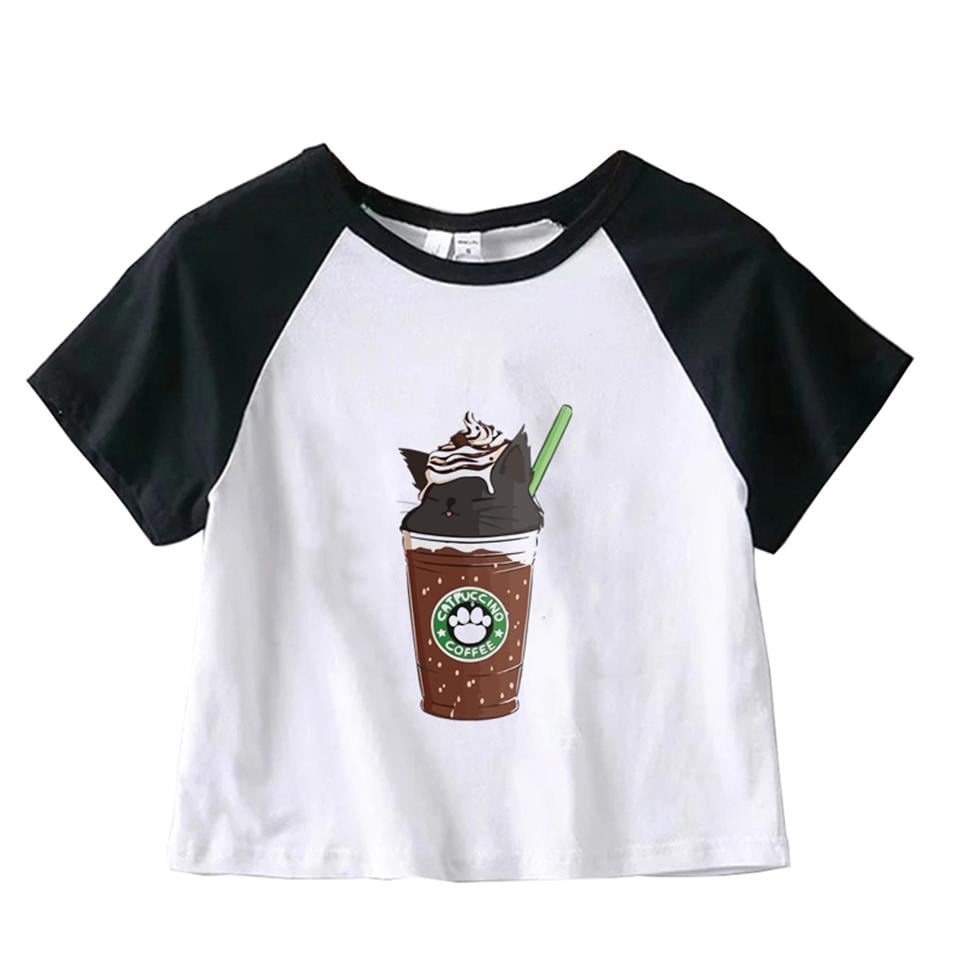 Cat'puccino Coffee Baskılı Reglan Kol Beyaz Crop