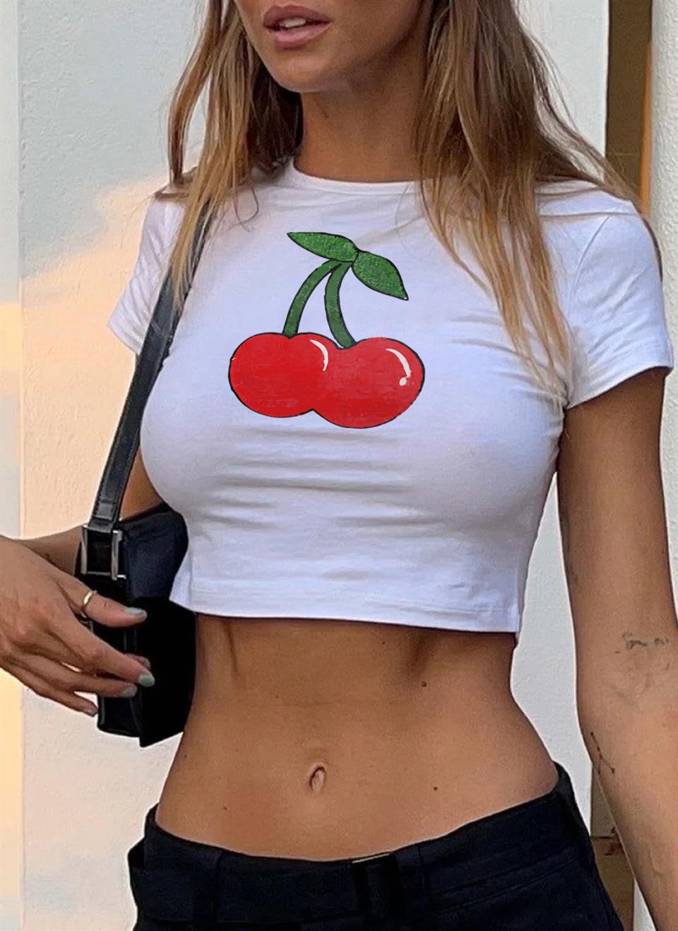 Cherries Baskılı Beyaz Crop