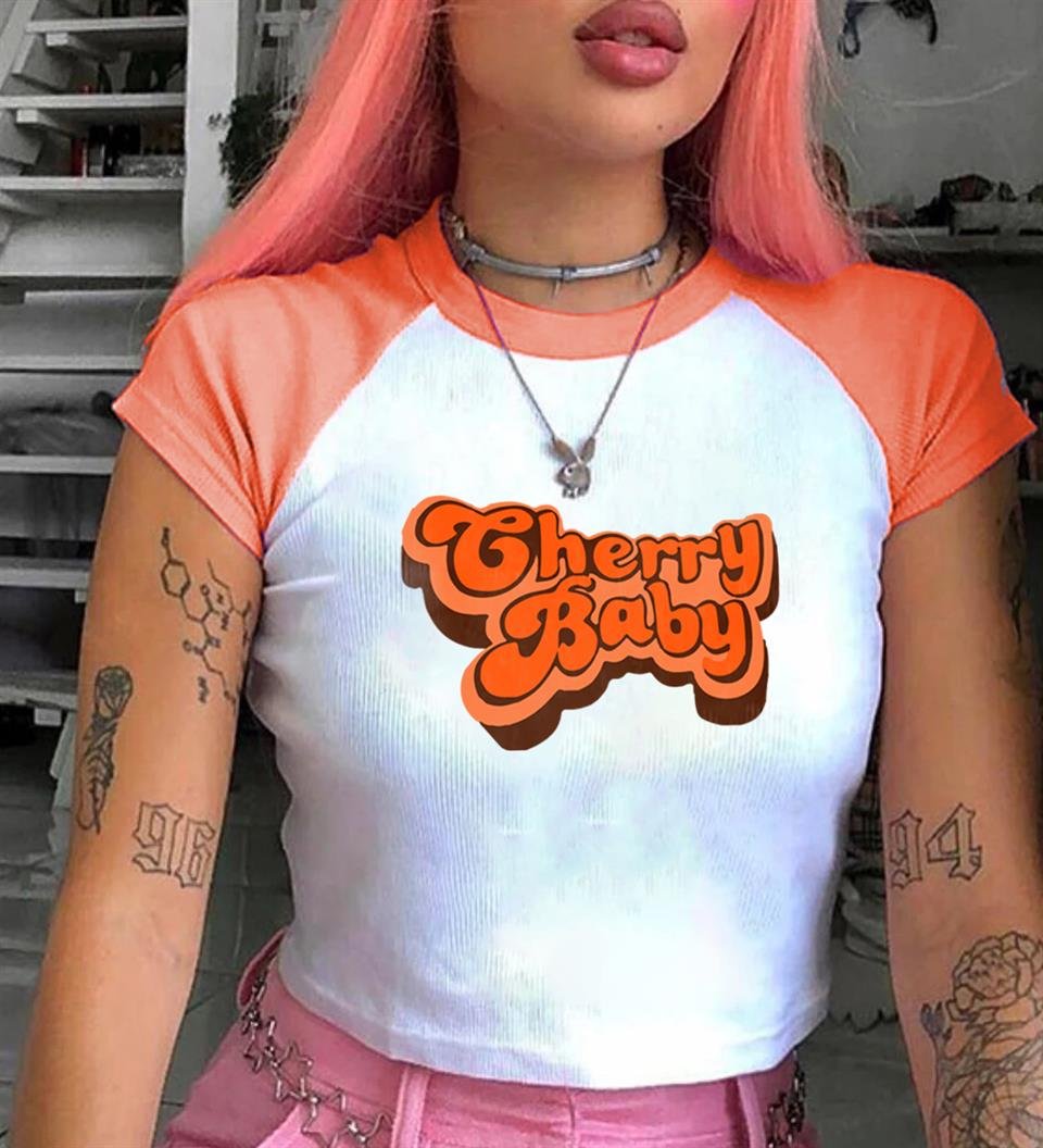 Cherry Baby Baskılı Reglan Kol Beyaz Crop