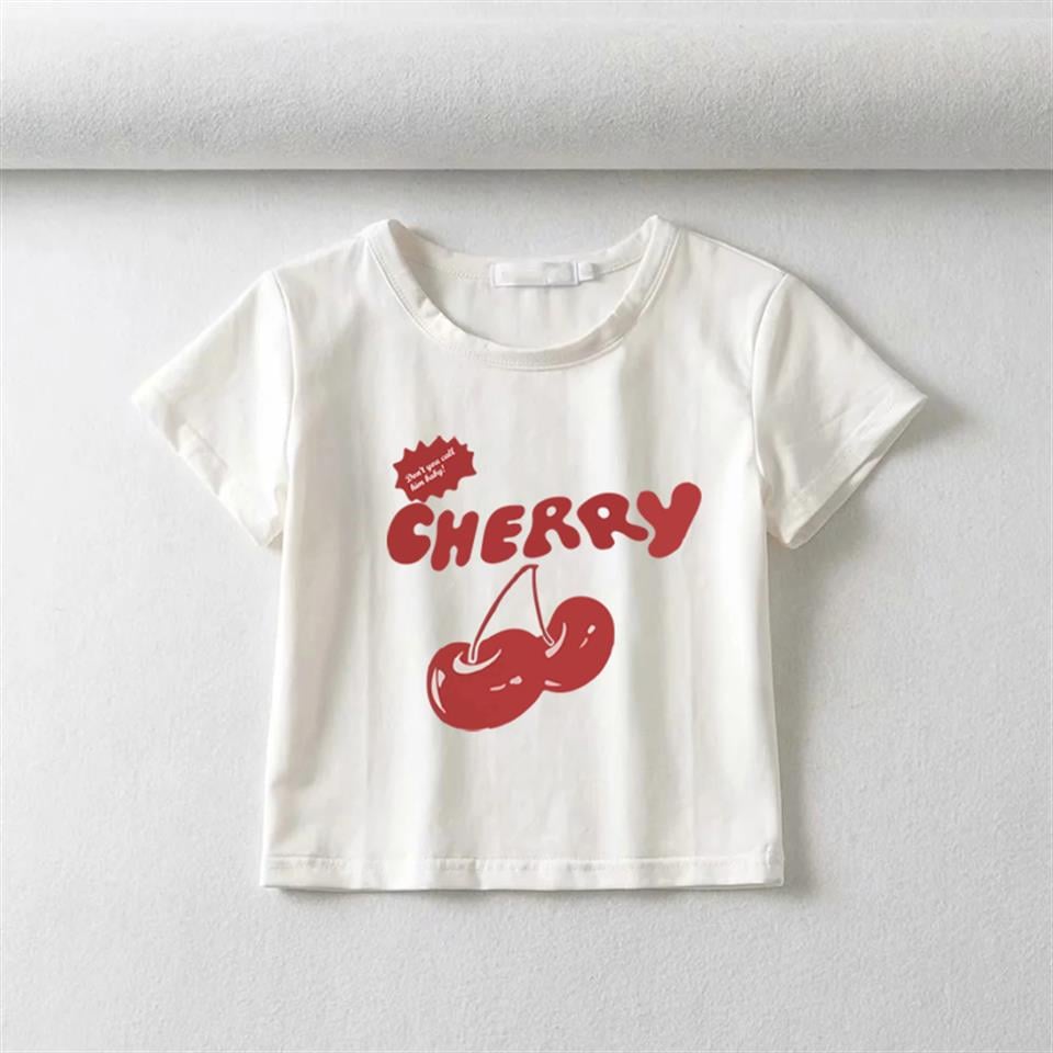 Cherry Baskılı Beyaz Crop