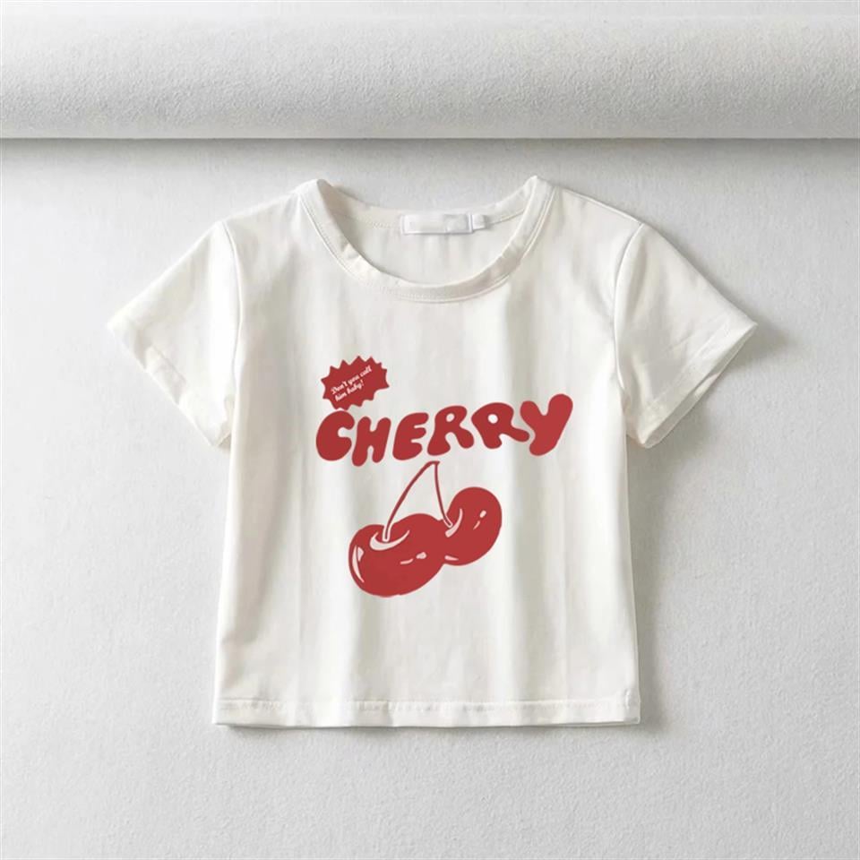 Cherry Baskılı Beyaz Crop