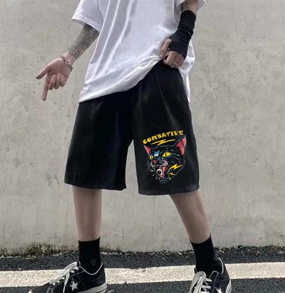 Combative Cat Baskılı Siyah Unisex Penye Şort