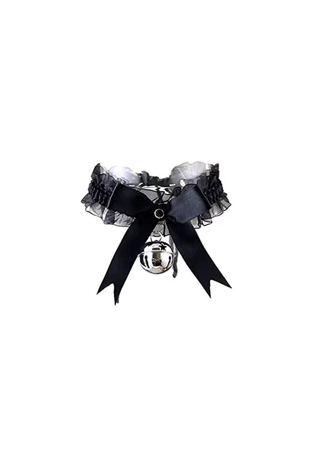 Cosplay Gothic Punk Çanlı Dantelli Unisex Choker Kolye
