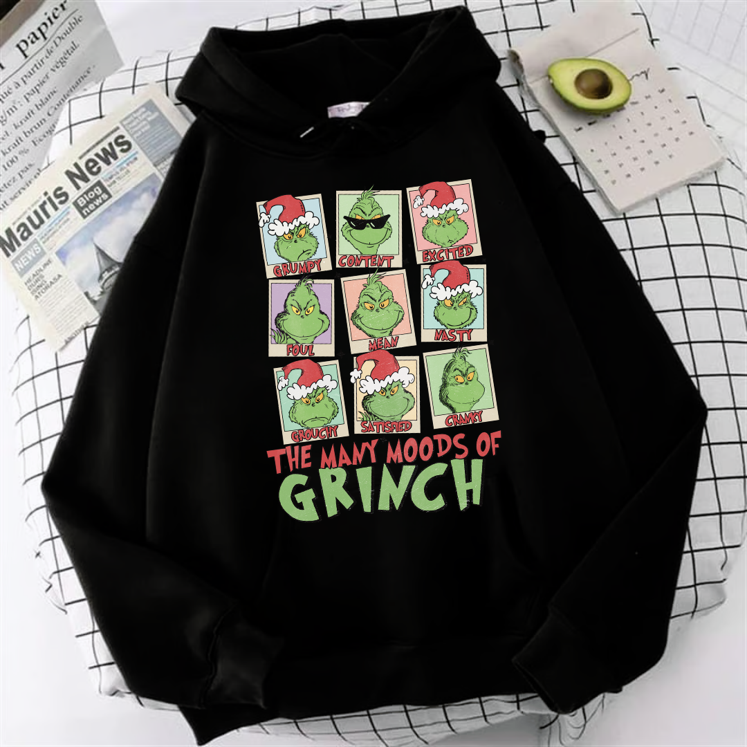 Crinch Christmas Baskılı Siyah Unisex Oversize Kapüşonlu Sweatshirt